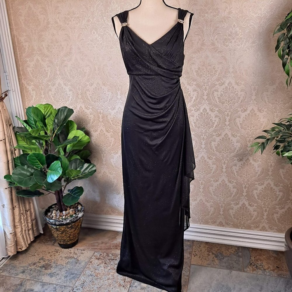 R & M Richards Size 10 Black V-Neck Black Sparkle Gown Floor Length Ruched Side